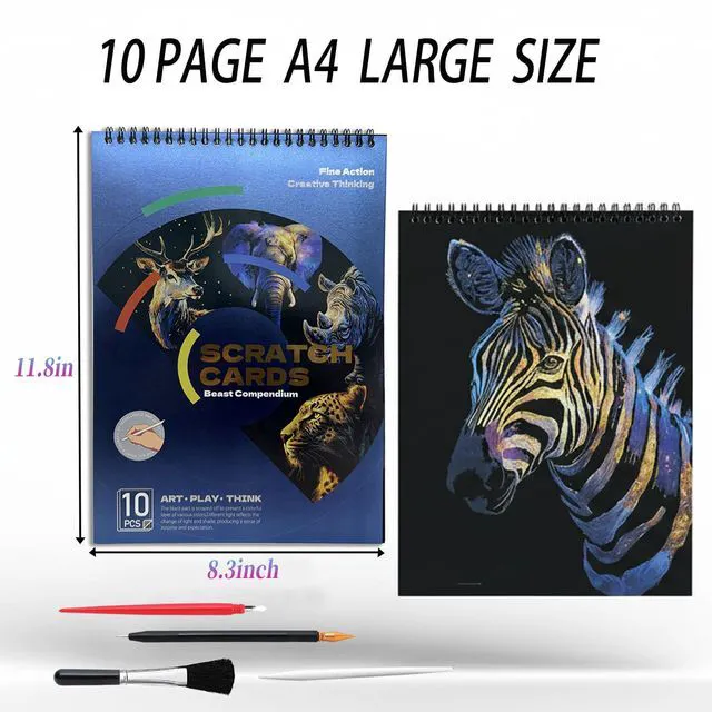 Alt view image 2 of 7 - Animal Series Scratch Art Adults 10-Page Mindfulness & Stress Relief Scratch Painting Kit Intricate Wildlife Designs Premium Black Rainbow Scratch Paper Creative Hobby & DIY Gift Idea
