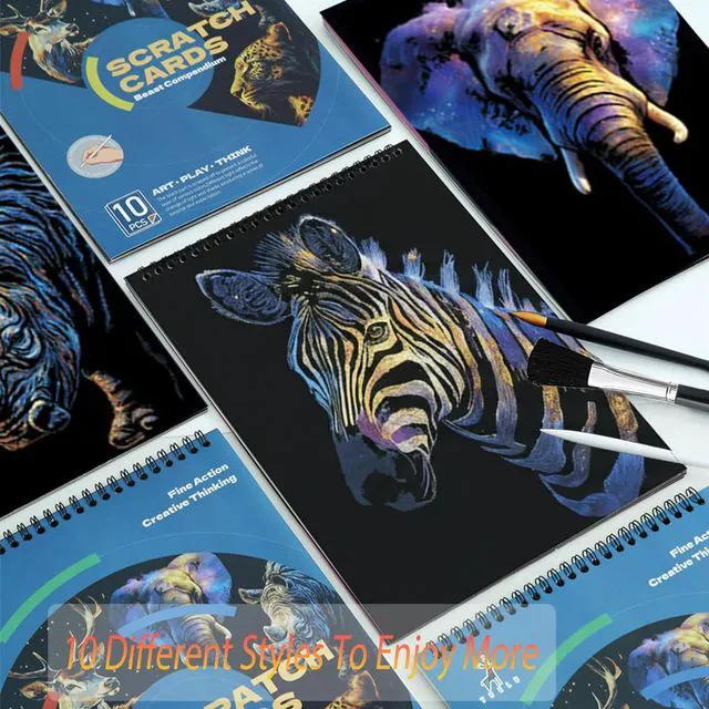Alt view image 3 of 7 - Animal Series Scratch Art Adults 10-Page Mindfulness & Stress Relief Scratch Painting Kit Intricate Wildlife Designs Premium Black Rainbow Scratch Paper Creative Hobby & DIY Gift Idea