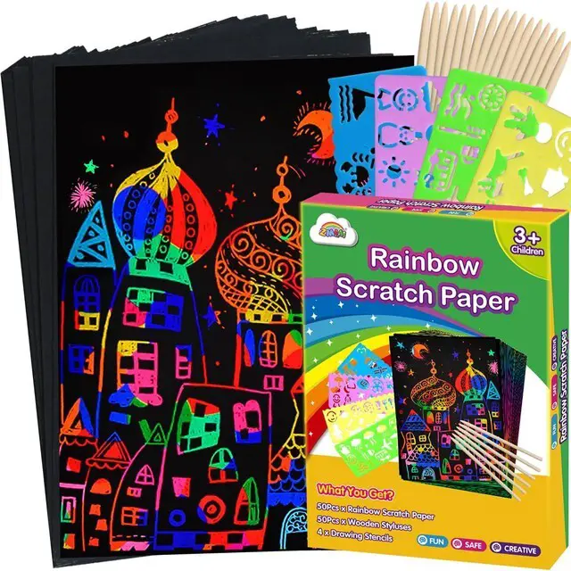 Main image of 100Pcs Rainbow Scratch Paper Art Set Craft Kits for Boys Girls | Birthday Gift Party Favor Classroom Activity Kids Crafts Black Scratch Off Paper Supplies Arts and Crafts for Kids 4-8 8-12