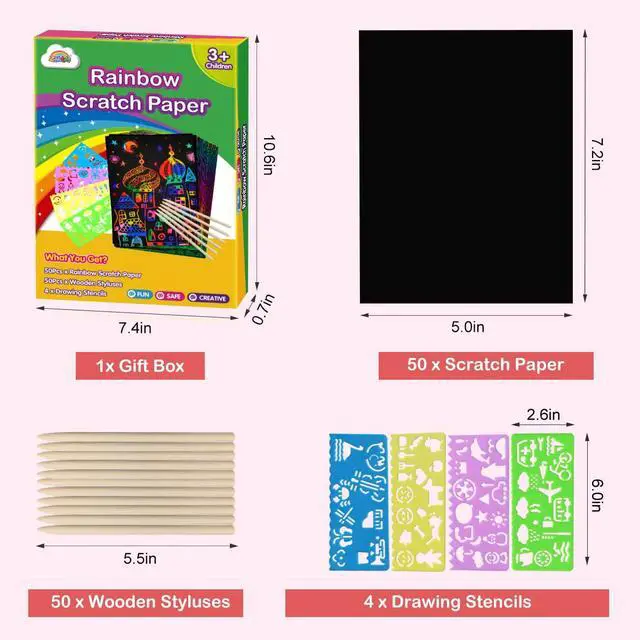 Alt view image 4 of 7 - 100Pcs Rainbow Scratch Paper Art Set Craft Kits for Boys Girls | Birthday Gift Party Favor Classroom Activity Kids Crafts Black Scratch Off Paper Supplies Arts and Crafts for Kids 4-8 8-12