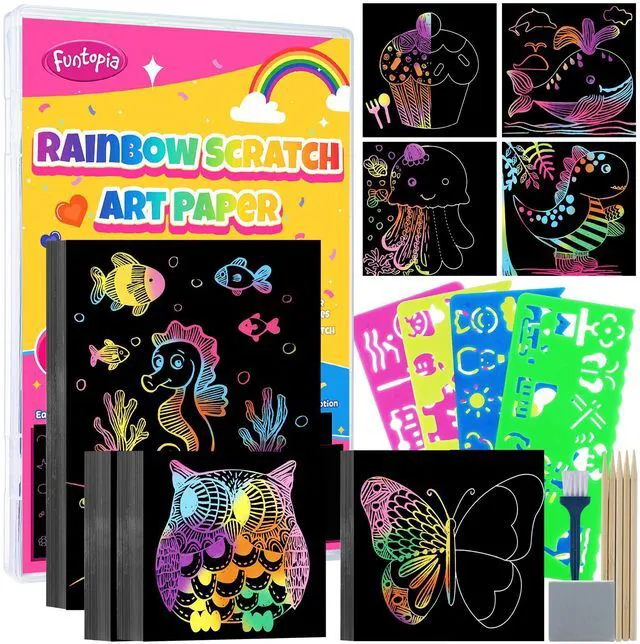 Main image of 100 Pcs Scratch Art for Kids, Rainbow Scratch Paper Art and Crafts for Kids | Black Scratch Paper Kits School Supplies Classroom Prizes Travel Toys Birthday Party Favors Games Gifts for Ages 4-8 8-12