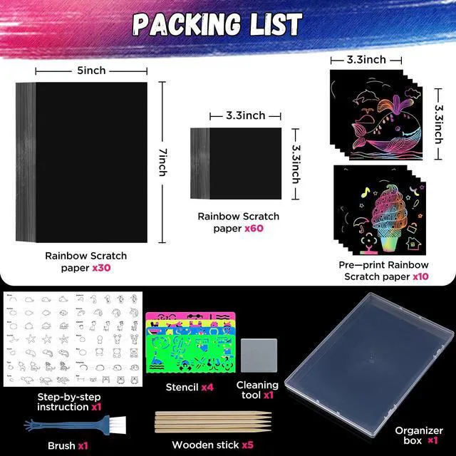 Alt view image 2 of 7 - 100 Pcs Scratch Art for Kids, Rainbow Scratch Paper Art and Crafts for Kids | Black Scratch Paper Kits School Supplies Classroom Prizes Travel Toys Birthday Party Favors Games Gifts for Ages 4-8 8-12