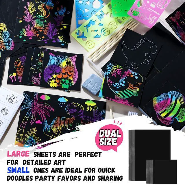 Alt view image 3 of 7 - 100 Pcs Scratch Art for Kids, Rainbow Scratch Paper Art and Crafts for Kids | Black Scratch Paper Kits School Supplies Classroom Prizes Travel Toys Birthday Party Favors Games Gifts for Ages 4-8 8-12