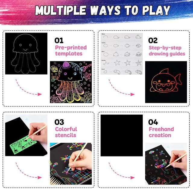 Alt view image 4 of 7 - 100 Pcs Scratch Art for Kids, Rainbow Scratch Paper Art and Crafts for Kids | Black Scratch Paper Kits School Supplies Classroom Prizes Travel Toys Birthday Party Favors Games Gifts for Ages 4-8 8-12