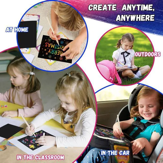 Alt view image 5 of 7 - 100 Pcs Scratch Art for Kids, Rainbow Scratch Paper Art and Crafts for Kids | Black Scratch Paper Kits School Supplies Classroom Prizes Travel Toys Birthday Party Favors Games Gifts for Ages 4-8 8-12