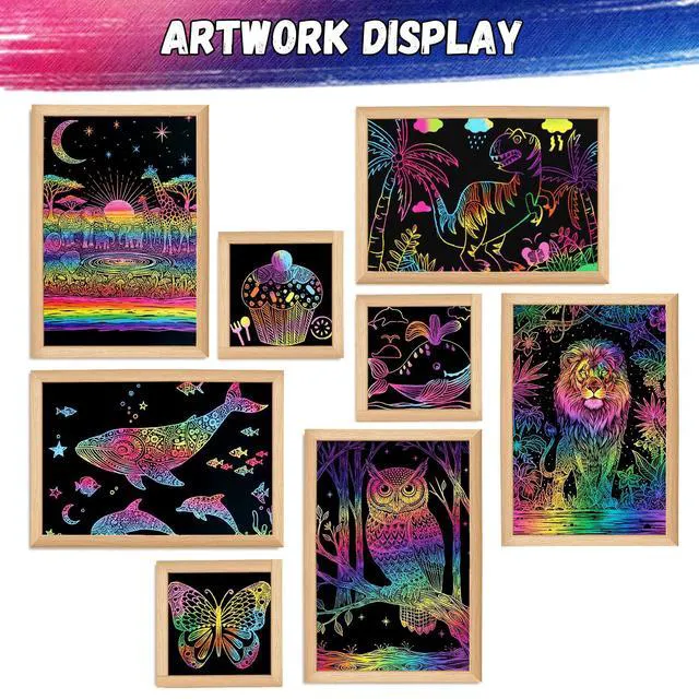 Alt view image 7 of 7 - 100 Pcs Scratch Art for Kids, Rainbow Scratch Paper Art and Crafts for Kids | Black Scratch Paper Kits School Supplies Classroom Prizes Travel Toys Birthday Party Favors Games Gifts for Ages 4-8 8-12