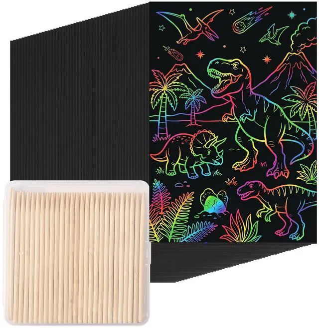 Main image of 120Pcs Scratch Art Paper Set, 60 Magic Black Rainbow Sheets and 60 Wooden Styluses, Bulk Craft Kits for Classroom Party Favors, DIY Christmas Birthday Gifts for Women Men