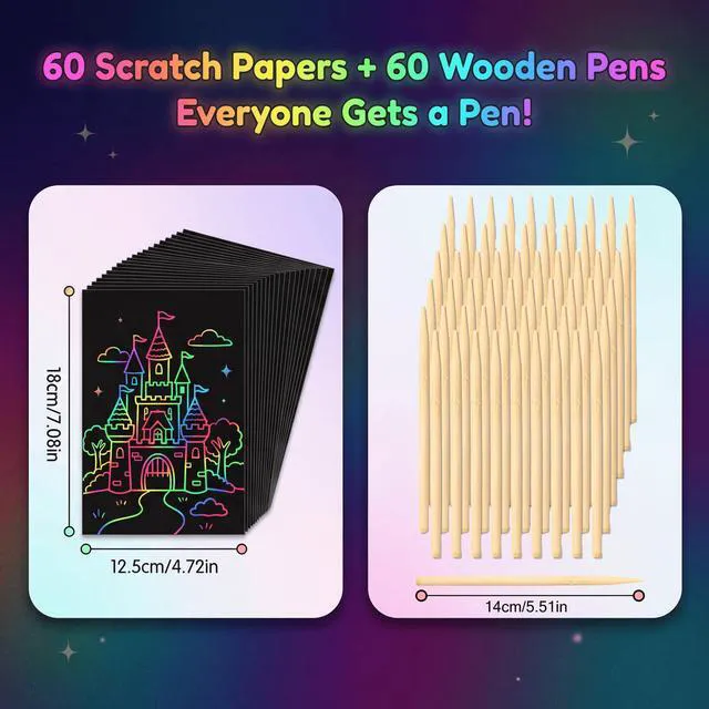 Alt view image 3 of 7 - 120Pcs Scratch Art Paper Set, 60 Magic Black Rainbow Sheets and 60 Wooden Styluses, Bulk Craft Kits for Classroom Party Favors, DIY Christmas Birthday Gifts for Women Men