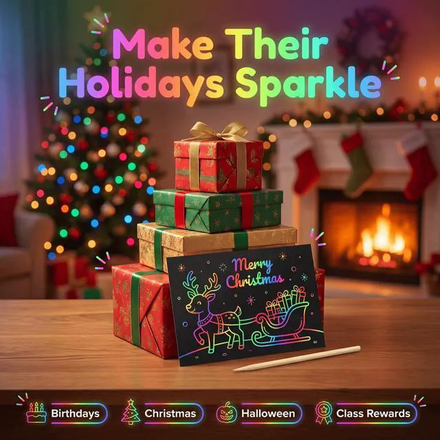 Alt view image 7 of 7 - 120Pcs Scratch Art Paper Set, 60 Magic Black Rainbow Sheets and 60 Wooden Styluses, Bulk Craft Kits for Classroom Party Favors, DIY Christmas Birthday Gifts for Women Men