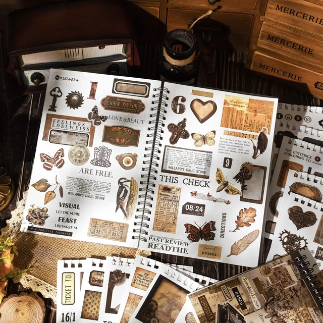 Alt view image 2 of 7 - 595Pcs Vintage Washi Stickers for Junk Journaling | 50 Sheets pre-cut dark academia ephemera in a portable booklet. No-residue washi material perfect for DIY scrapbooks