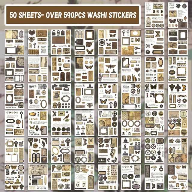 Alt view image 3 of 7 - 595Pcs Vintage Washi Stickers for Junk Journaling | 50 Sheets pre-cut dark academia ephemera in a portable booklet. No-residue washi material perfect for DIY scrapbooks