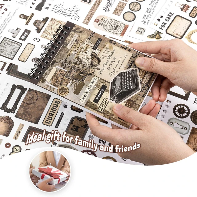 Alt view image 6 of 7 - 595Pcs Vintage Washi Stickers for Junk Journaling | 50 Sheets pre-cut dark academia ephemera in a portable booklet. No-residue washi material perfect for DIY scrapbooks