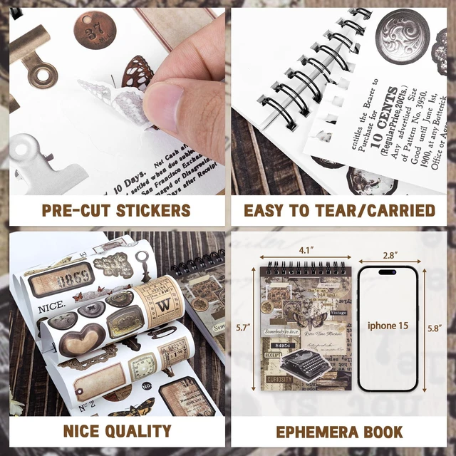 Alt view image 4 of 7 - 595Pcs Vintage Washi Stickers for Junk Journaling | 50 Sheets pre-cut dark academia ephemera in a portable booklet. No-residue washi material perfect for DIY scrapbooks