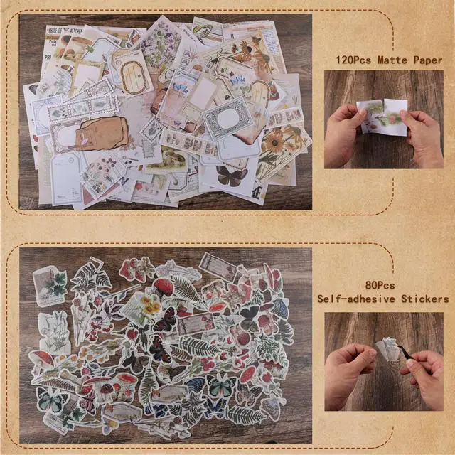 Alt view image 7 of 7 - 200Pcs Vintage Scrapbook Stickers, Aesthetic Junk Journal Stamping Supplies Kit, Scrapbooking Ephemera Washi Paper for Bullet Journaling Planners Diary Collage