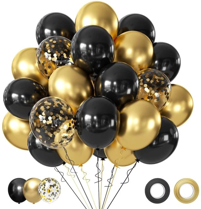 Main image of Black and Gold Balloons, 50Pcs 12 Inch Black Gold Confetti Balloons with Ribbons for Birthday,Graduation,New Years,Wedding,Engagement Party Decorations