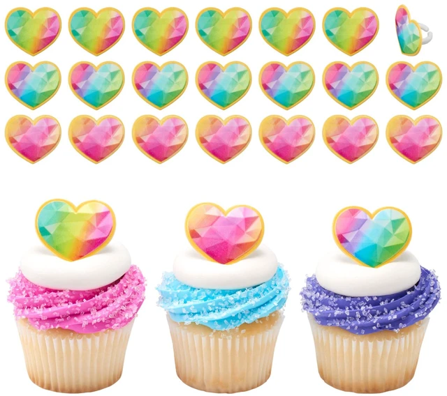 Main image of Rainbow Prism Heart Cupcake Rings, Cake Toppers, Multicolored Food Safe Decorations For Parties 24 Pack