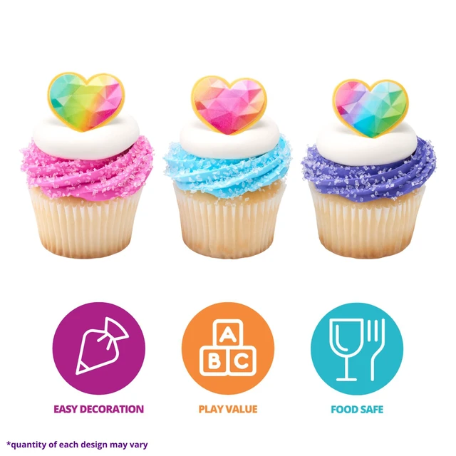 Alt view image 2 of 7 - Rainbow Prism Heart Cupcake Rings, Cake Toppers, Multicolored Food Safe Decorations For Parties 24 Pack