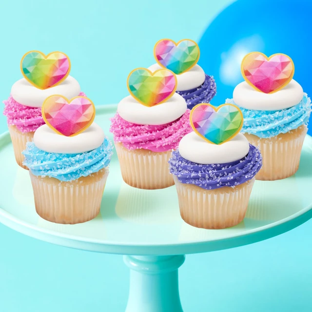 Alt view image 3 of 7 - Rainbow Prism Heart Cupcake Rings, Cake Toppers, Multicolored Food Safe Decorations For Parties 24 Pack
