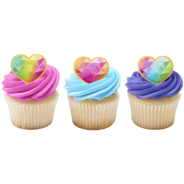 Alt view image 5 of 7 - Rainbow Prism Heart Cupcake Rings, Cake Toppers, Multicolored Food Safe Decorations For Parties 24 Pack