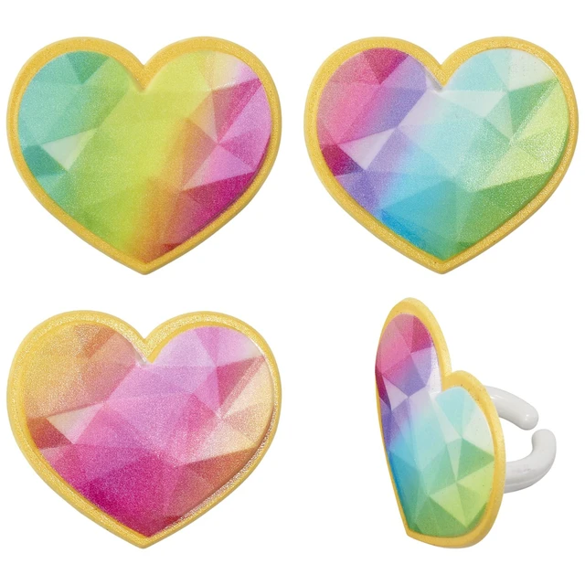 Alt view image 6 of 7 - Rainbow Prism Heart Cupcake Rings, Cake Toppers, Multicolored Food Safe Decorations For Parties 24 Pack