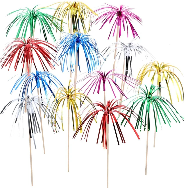Main image of 100 Pcs Foil Firework Cupcake Toppers Sparkle Tinsel Cupcake Picks 9 Inch Happy Birthday Cake Toppers Drink Cocktail Picks Stirrers for Christmas Baby Shower Birthday Party Decors Supplies