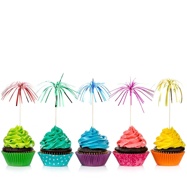 Alt view image 5 of 7 - 100 Pcs Foil Firework Cupcake Toppers Sparkle Tinsel Cupcake Picks 9 Inch Happy Birthday Cake Toppers Drink Cocktail Picks Stirrers for Christmas Baby Shower Birthday Party Decors Supplies