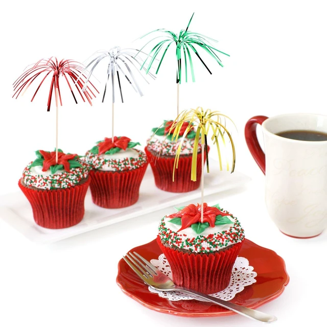 Alt view image 6 of 7 - 100 Pcs Foil Firework Cupcake Toppers Sparkle Tinsel Cupcake Picks 9 Inch Happy Birthday Cake Toppers Drink Cocktail Picks Stirrers for Christmas Baby Shower Birthday Party Decors Supplies