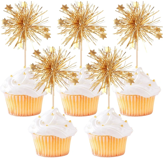Main image of 30 PCS Foil Firework Cupcake Toppers Happy Birthday Cake Toppers Star Sparkle Tinsel Flower Drink Stirrers Cocktail Fruit Toothpicks for Valentine's Day Baby Shower Birthday Party Supplies Gold