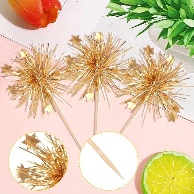 Alt view image 3 of 7 - 30 PCS Foil Firework Cupcake Toppers Happy Birthday Cake Toppers Star Sparkle Tinsel Flower Drink Stirrers Cocktail Fruit Toothpicks for Valentine's Day Baby Shower Birthday Party Supplies Gold