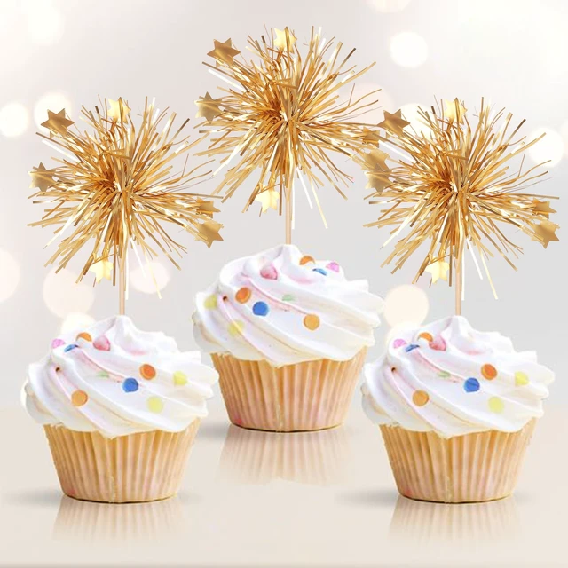 Alt view image 4 of 7 - 30 PCS Foil Firework Cupcake Toppers Happy Birthday Cake Toppers Star Sparkle Tinsel Flower Drink Stirrers Cocktail Fruit Toothpicks for Valentine's Day Baby Shower Birthday Party Supplies Gold