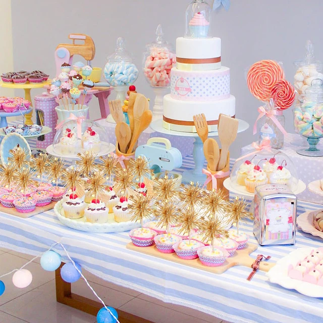 Alt view image 5 of 7 - 30 PCS Foil Firework Cupcake Toppers Happy Birthday Cake Toppers Star Sparkle Tinsel Flower Drink Stirrers Cocktail Fruit Toothpicks for Valentine's Day Baby Shower Birthday Party Supplies Gold