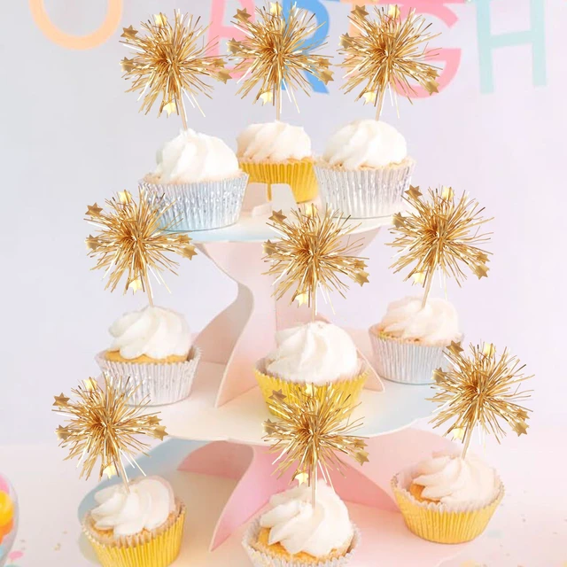 Alt view image 6 of 7 - 30 PCS Foil Firework Cupcake Toppers Happy Birthday Cake Toppers Star Sparkle Tinsel Flower Drink Stirrers Cocktail Fruit Toothpicks for Valentine's Day Baby Shower Birthday Party Supplies Gold
