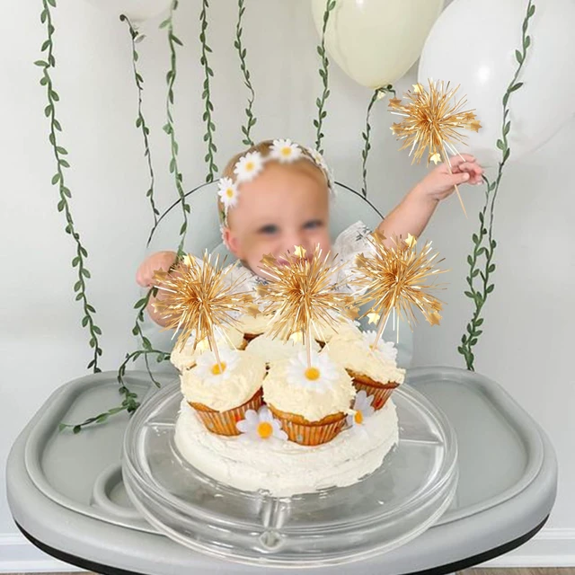 Alt view image 7 of 7 - 30 PCS Foil Firework Cupcake Toppers Happy Birthday Cake Toppers Star Sparkle Tinsel Flower Drink Stirrers Cocktail Fruit Toothpicks for Valentine's Day Baby Shower Birthday Party Supplies Gold