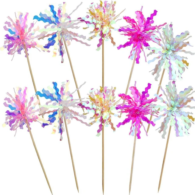 Main image of 10 Pcs Happy Birthday Toppers, Sparkle Foil Cupcake Picks for Party | Foil Firework, Sparkle Tinsel, Drink Stirrers, Flowers Cake Decoration, Cocktail Food Fruit Toothpick