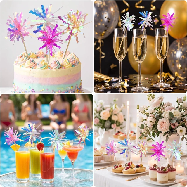 Alt view image 7 of 7 - 10 Pcs Happy Birthday Toppers, Sparkle Foil Cupcake Picks for Party | Foil Firework, Sparkle Tinsel, Drink Stirrers, Flowers Cake Decoration, Cocktail Food Fruit Toothpick