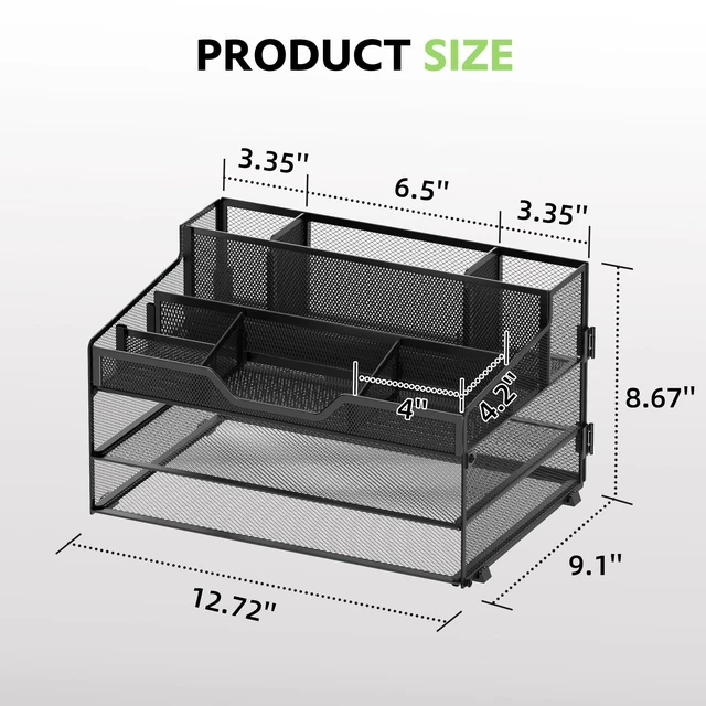 Alt view image 3 of 7 - 3 Tier Desk Organizer, Mesh Letter Tray Paper Organizer with 5 Adjustable Storage Compartments & Pen Holder, Metal Desk Accessories for Home Office School, Black