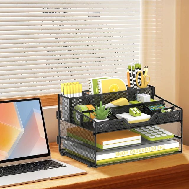 Alt view image 2 of 7 - 3 Tier Desk Organizer, Mesh Letter Tray Paper Organizer with 5 Adjustable Storage Compartments & Pen Holder, Metal Desk Accessories for Home Office School, Black