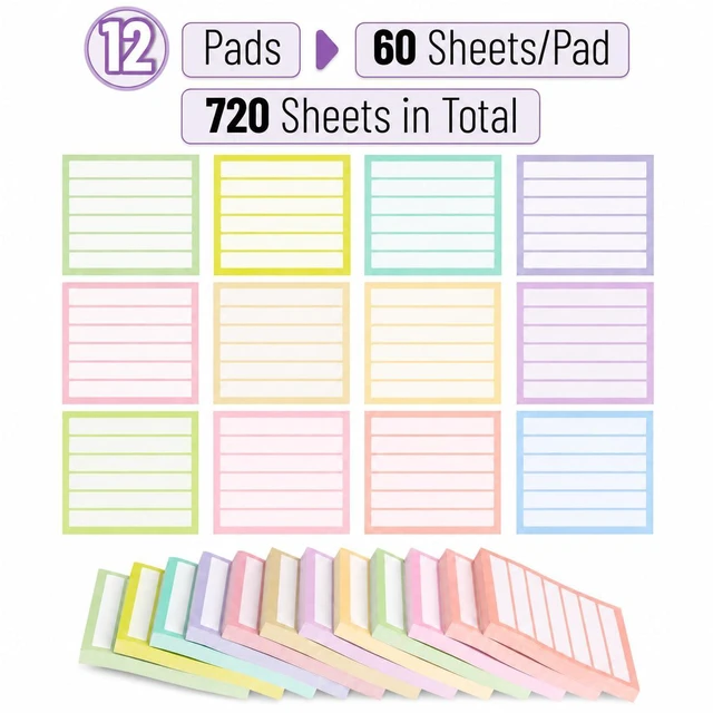 Alt view image 2 of 7 - Lined Sticky Notes Bulk, 3"x3", 12 Pads, 60 Sheets/Pad, 720 Sheets | Colorful Sticky Notes with Lines, Ruled Post Stickies, Memo Pads, Self-Stick Note Pad for Office, School, Home, Study