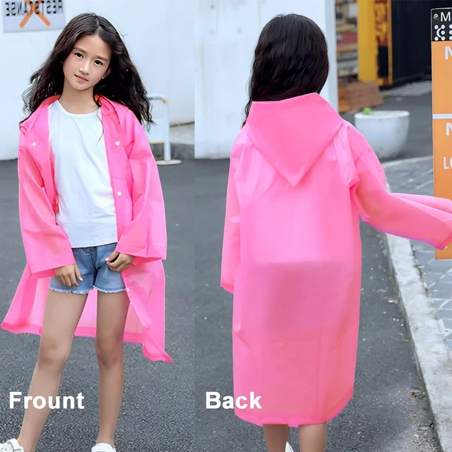 Alt view image 3 of 7 - Rain Ponchos Raincoats for Kids, Reusable Boys Girls Rain Jackets Emergency with Hood for Family Disney Travel Outdoor (Pink+Purple)