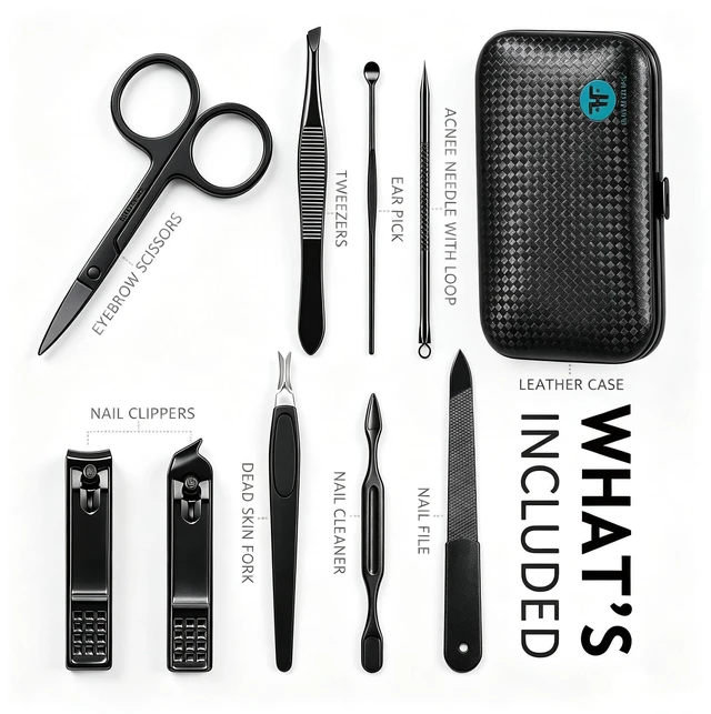 Alt view image 2 of 7 - Manicure Set 9 in 1 Stainless Steel, Nail Clippers Scissors Pedicure Tools Kit - Portable Travel Grooming Kit for Men and Women with Black/Blue Leather Case (Blue)