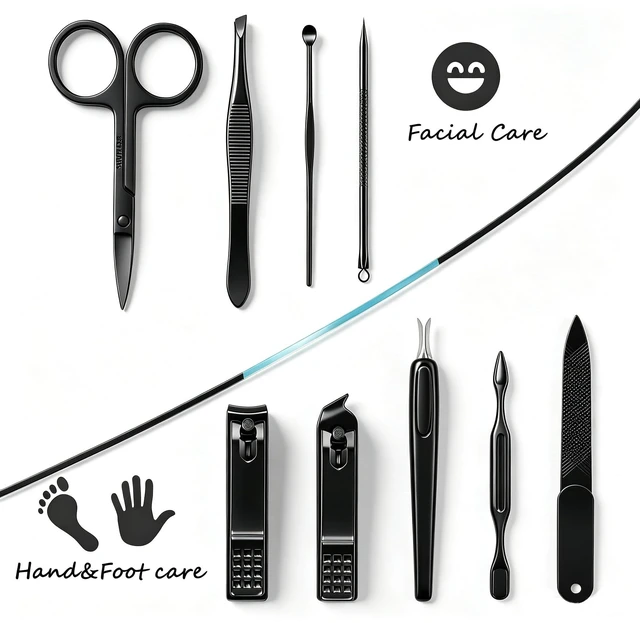 Alt view image 5 of 7 - Manicure Set 9 in 1 Stainless Steel, Nail Clippers Scissors Pedicure Tools Kit - Portable Travel Grooming Kit for Men and Women with Black/Blue Leather Case (Blue)