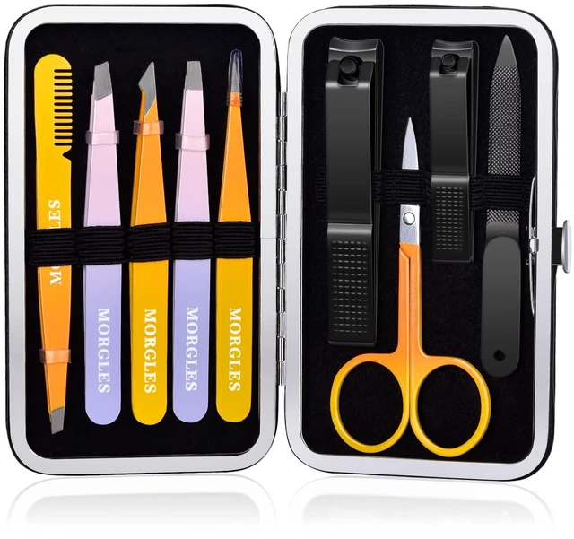 Main image of Tweezers Set 9 Pcs Colorful Nail Clipper Kit with Case for Grooming | 5 Tweezers, Clippers, Scissors, Rust-Proof Steel, Travel Press-On Case, Gift for Him/Her, for Splinters, Brows, Facial Hair