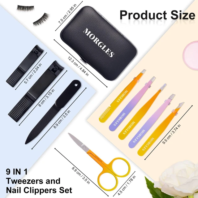 Alt view image 6 of 7 - Tweezers Set 9 Pcs Colorful Nail Clipper Kit with Case for Grooming | 5 Tweezers, Clippers, Scissors, Rust-Proof Steel, Travel Press-On Case, Gift for Him/Her, for Splinters, Brows, Facial Hair