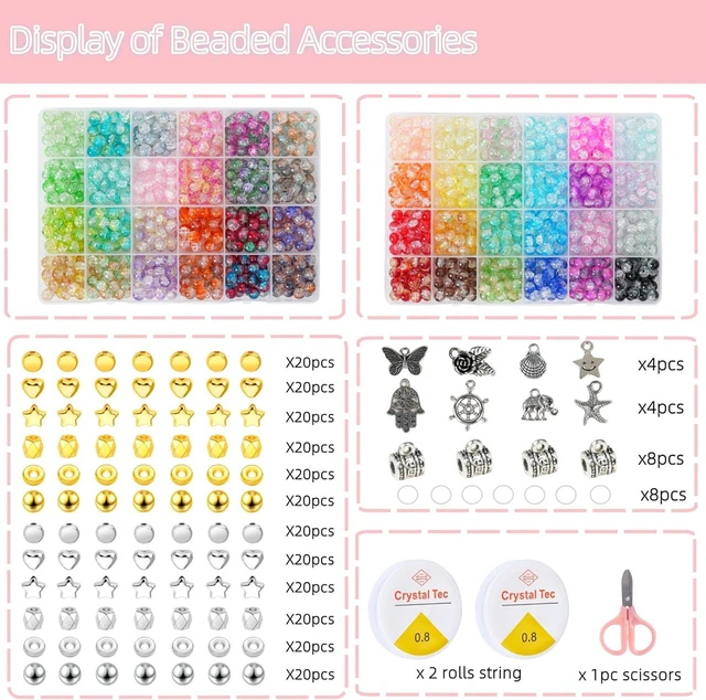 Alt view image 3 of 7 - 1300PCS 8mm Mixed Crackle Glass Beads for Bracelets Making with Accessories, 48 Colors Crystal Glass Beads Jewelry Making Kit, Round Beads for DIY Bracelet Crafts