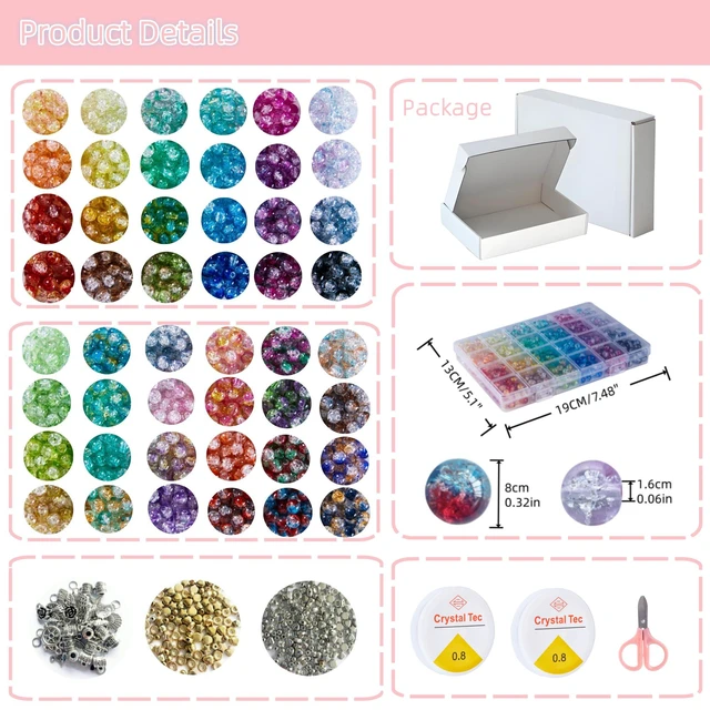 Alt view image 2 of 7 - 1300PCS 8mm Mixed Crackle Glass Beads for Bracelets Making with Accessories, 48 Colors Crystal Glass Beads Jewelry Making Kit, Round Beads for DIY Bracelet Crafts