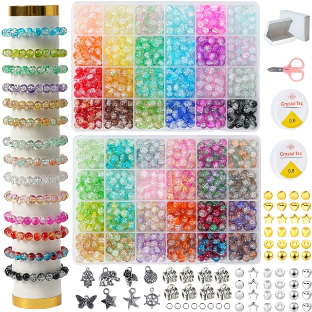 Main image of 1300PCS 8mm Mixed Crackle Glass Beads for Bracelets Making with Accessories, 48 Colors Crystal Glass Beads Jewelry Making Kit, Round Beads for DIY Bracelet Crafts