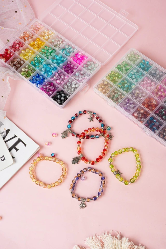 Alt view image 5 of 7 - 1300PCS 8mm Mixed Crackle Glass Beads for Bracelets Making with Accessories, 48 Colors Crystal Glass Beads Jewelry Making Kit, Round Beads for DIY Bracelet Crafts