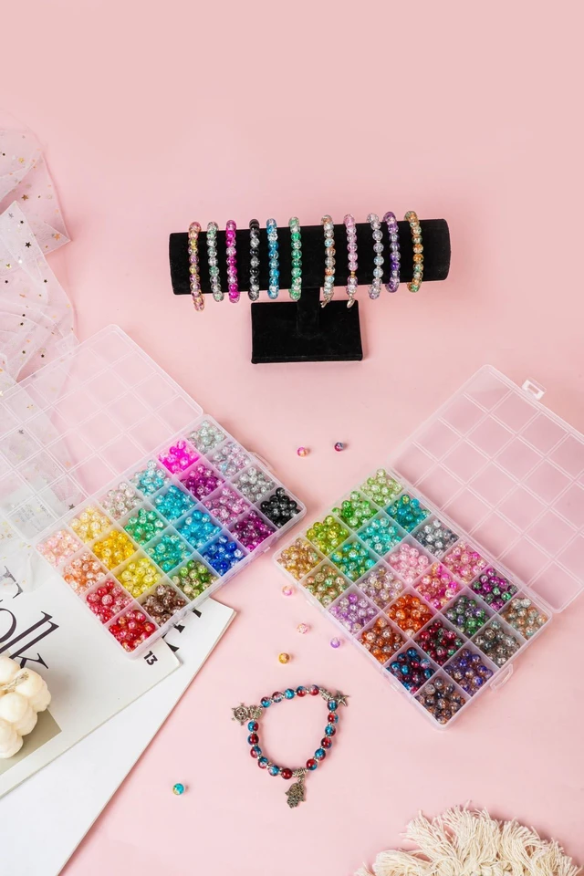 Alt view image 6 of 7 - 1300PCS 8mm Mixed Crackle Glass Beads for Bracelets Making with Accessories, 48 Colors Crystal Glass Beads Jewelry Making Kit, Round Beads for DIY Bracelet Crafts