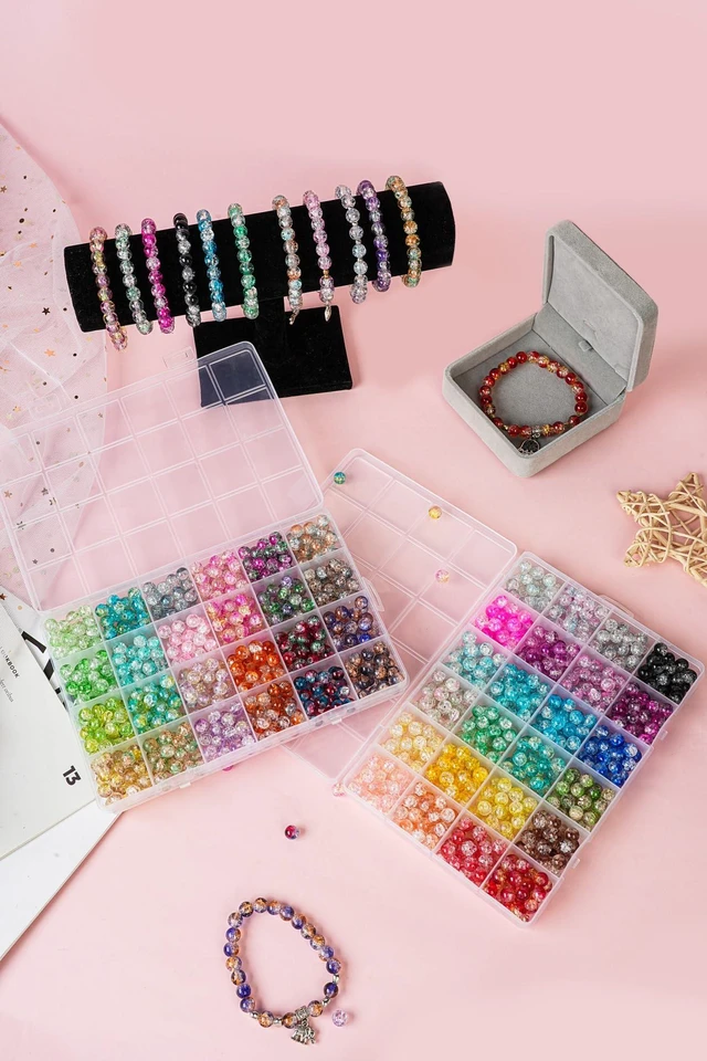 Alt view image 4 of 7 - 1300PCS 8mm Mixed Crackle Glass Beads for Bracelets Making with Accessories, 48 Colors Crystal Glass Beads Jewelry Making Kit, Round Beads for DIY Bracelet Crafts