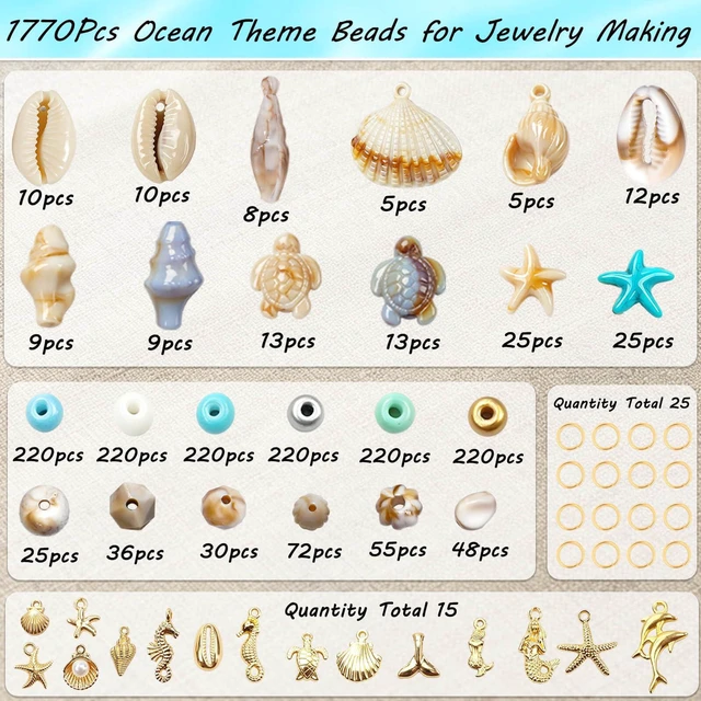 Alt view image 3 of 7 - 1770Pcs Ocean Theme Beads Kit for Jewelry Making, Blue White Summer Beach Seashell Charms Sea Turtle Starfish Shape Beads 4mm Sea Glass Chips for DIY Bracelets Necklace Anklet Earrings Keychain Crafts